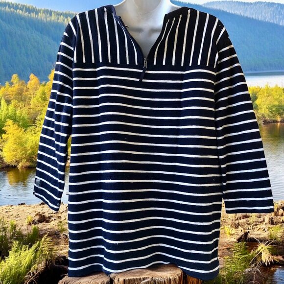 Navy Blue & White Striped Top Double Sided High/Low 3/4 Sleeve by Merona - Picture 3 of 13